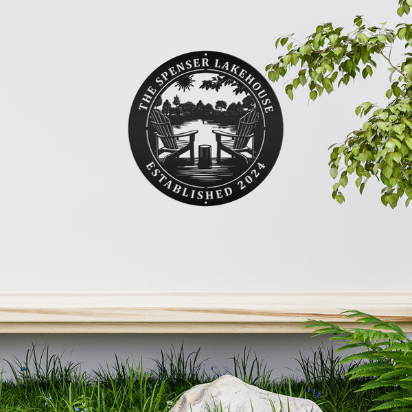 Rustic Camping Sign with Adirondak Chairs - Metal Lakehouse Scene Address Plaque, can be used as a property greeting or Address Marker!