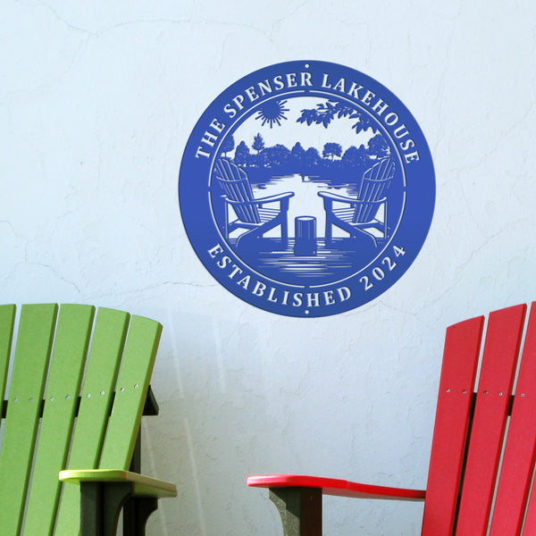 Rustic Camping Sign with Adirondak Chairs - Metal Lakehouse Scene Address Plaque, can be used as a property greeting or Address Marker!