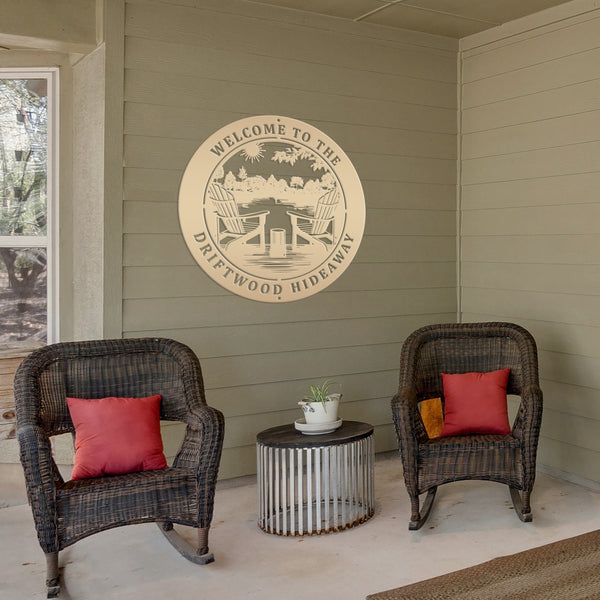 Rustic Camping Sign with Adirondak Chairs - Metal Lakehouse Scene Address Plaque, can be used as a property greeting or Address Marker!