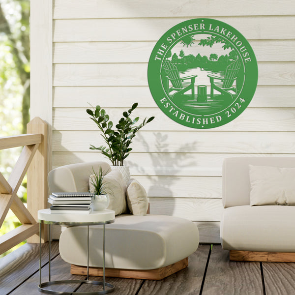 Rustic Camping Sign with Adirondak Chairs - Metal Lakehouse Scene Address Plaque, can be used as a property greeting or Address Marker!