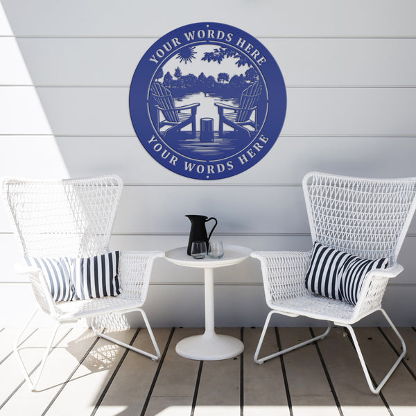 Rustic Camping Sign with Adirondak Chairs - Metal Lakehouse Scene Address Plaque, can be used as a property greeting or Address Marker!
