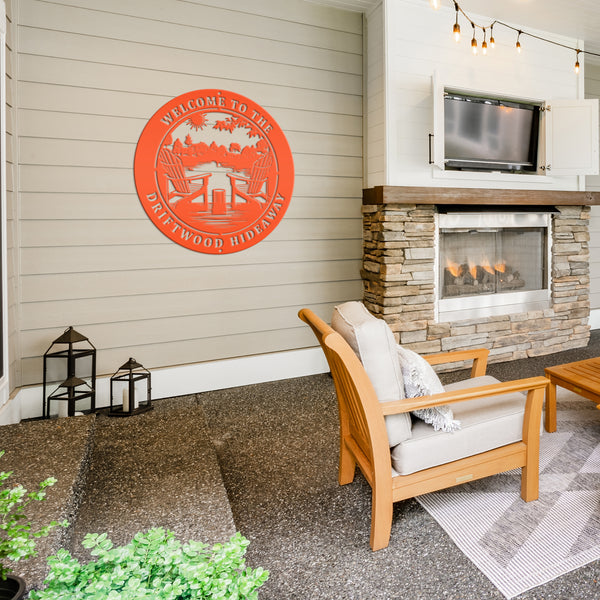 Rustic Camping Sign with Adirondak Chairs - Metal Lakehouse Scene Address Plaque, can be used as a property greeting or Address Marker!