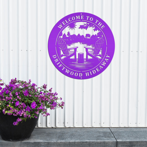 Rustic Camping Sign with Adirondak Chairs - Metal Lakehouse Scene Address Plaque, can be used as a property greeting or Address Marker!