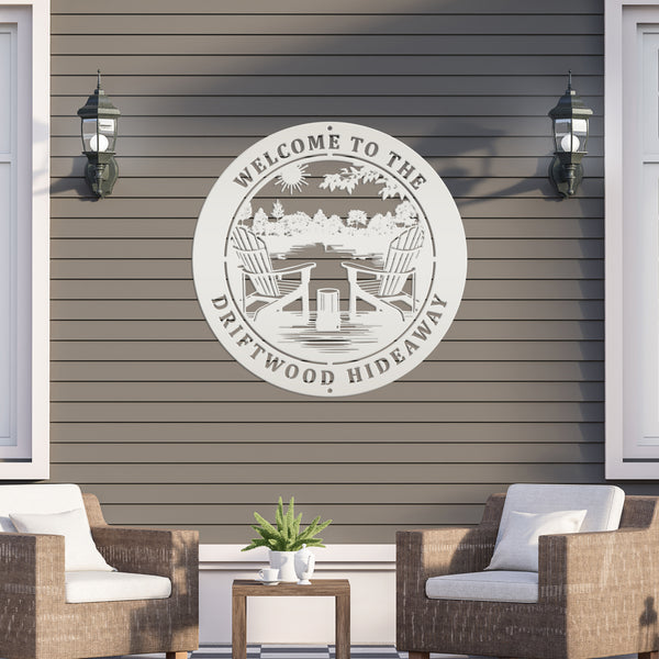 Rustic Camping Sign with Adirondak Chairs - Metal Lakehouse Scene Address Plaque, can be used as a property greeting or Address Marker!