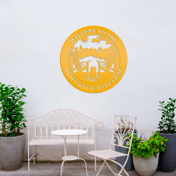 Rustic Camping Sign with Adirondak Chairs - Metal Lakehouse Scene Address Plaque, can be used as a property greeting or Address Marker!