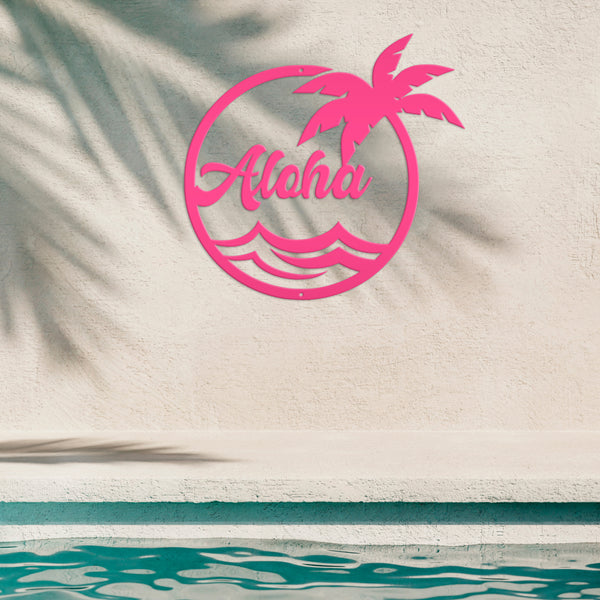 Aloha Palm Tree Round Metal Sign-Beach-Pool Metal Sign