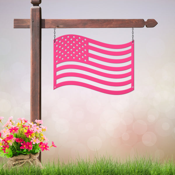 Patriotic American Flag Metal Wall Art – Independence Day Decoration - Laser Cut USA Flag - Outdoor Door Hanger - Charming Front Porch Decor