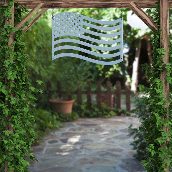 Patriotic American Flag Metal Wall Art – Independence Day Decoration - Laser Cut USA Flag - Outdoor Door Hanger - Charming Front Porch Decor