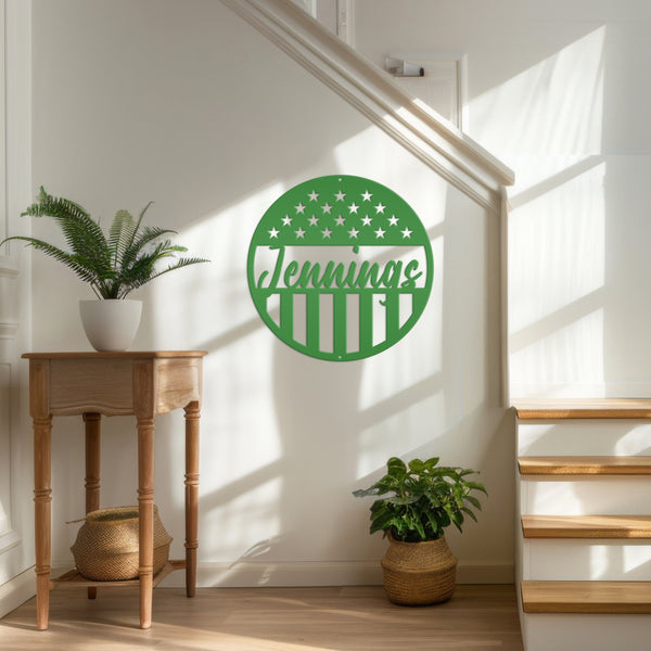 Customizable Patriotic - American Flag -Circle Name Sign