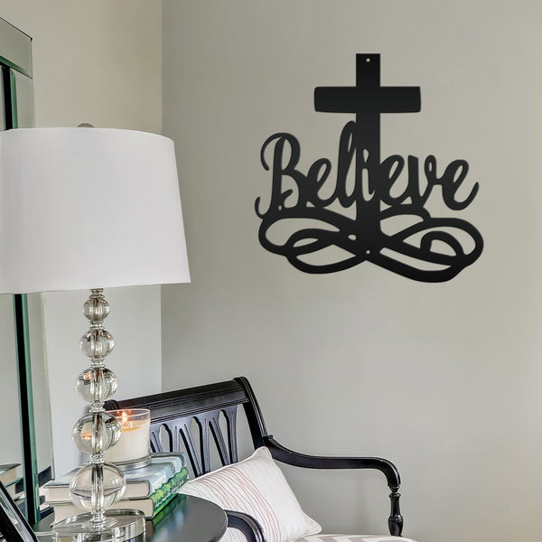 Believe Cross Metal Sign-Religous-Christian Wall Hanging Art-Home Decor-Outdoor Decor-Confirmation Gift