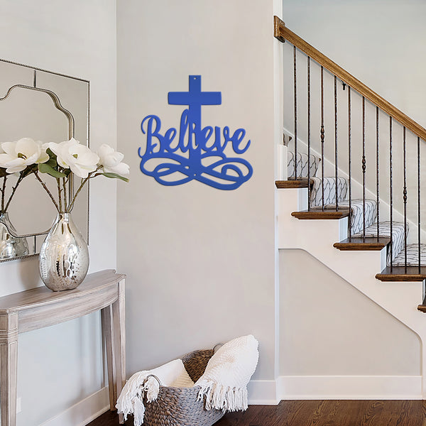 Believe Cross Metal Sign-Religous-Christian Wall Hanging Art-Home Decor-Outdoor Decor-Confirmation Gift