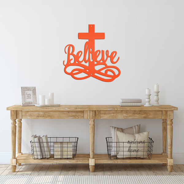 Believe Cross Metal Sign-Religous-Christian Wall Hanging Art-Home Decor-Outdoor Decor-Confirmation Gift