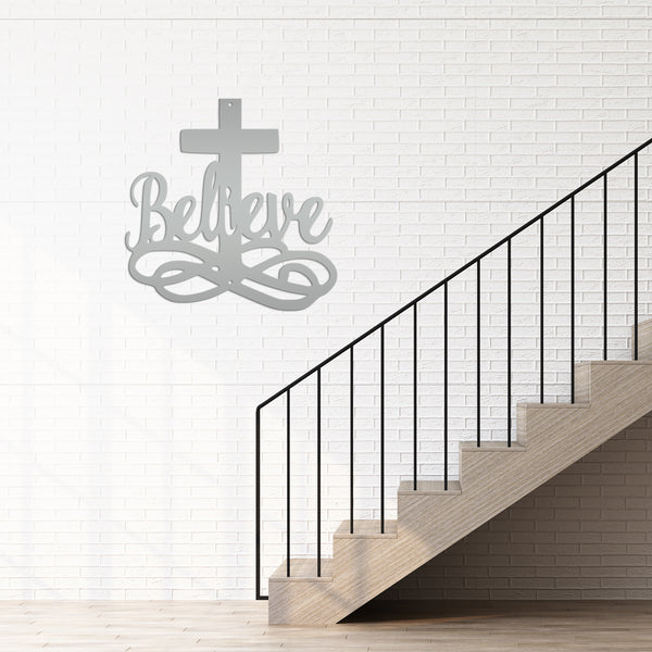Believe Cross Metal Sign-Religous-Christian Wall Hanging Art-Home Decor-Outdoor Decor-Confirmation Gift