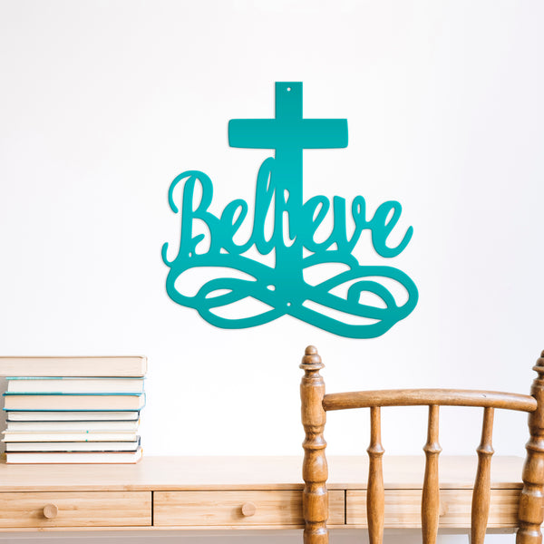 Believe Cross Metal Sign-Religous-Christian Wall Hanging Art-Home Decor-Outdoor Decor-Confirmation Gift