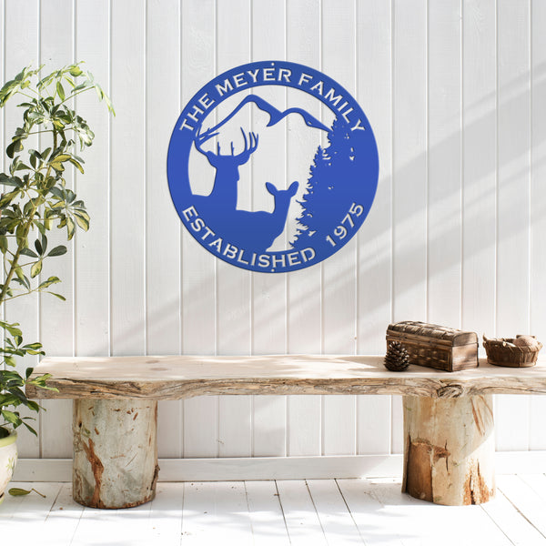 Personalized Family Name Outdoor Deer Scene with Established Date Round Metal Sign-Deer Cabin Metal Sign -Deer themed Wall Decor