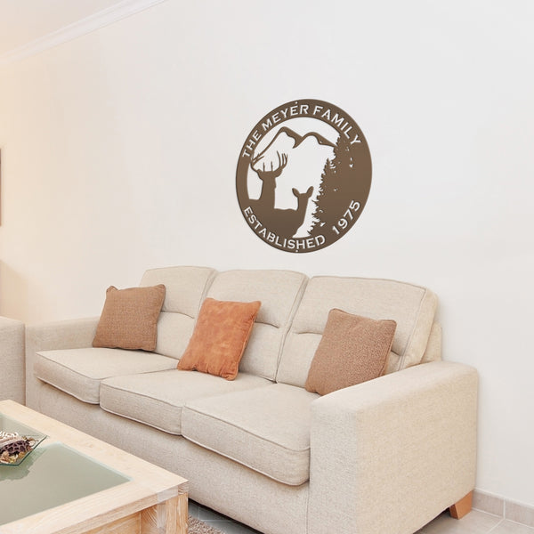 Personalized Family Name Outdoor Deer Scene with Established Date Round Metal Sign-Deer Cabin Metal Sign -Deer themed Wall Decor