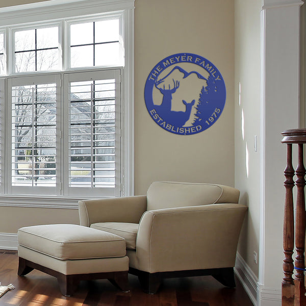 Personalized Family Name Outdoor Deer Scene with Established Date Round Metal Sign-Deer Cabin Metal Sign -Deer themed Wall Decor