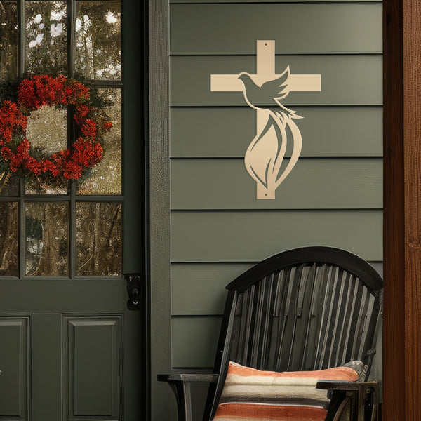 Cross Sign with Dove and Flame-Christian-Religious-Wall Decor -Home Decor- Wall Art-Hanging Wall Art-Cross-Dove Wall Cross