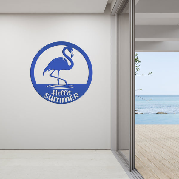 Hello Summer Flamingo Metal Art - Cute Outdoor Front Porch Decor - Tropical Beach House Sign - Charming Door Hanger - Whimsical Wall Hanging