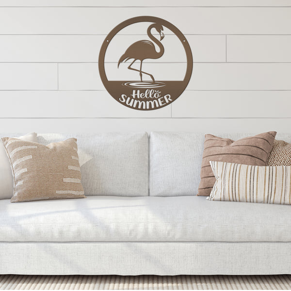 Hello Summer Flamingo Metal Art - Cute Outdoor Front Porch Decor - Tropical Beach House Sign - Charming Door Hanger - Whimsical Wall Hanging
