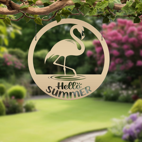 Hello Summer Flamingo Metal Art - Cute Outdoor Front Porch Decor - Tropical Beach House Sign - Charming Door Hanger - Whimsical Wall Hanging