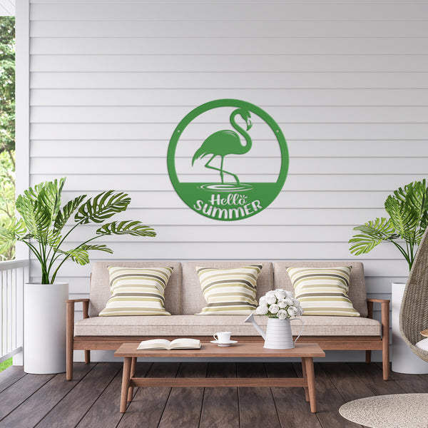 Hello Summer Flamingo Metal Art - Cute Outdoor Front Porch Decor - Tropical Beach House Sign - Charming Door Hanger - Whimsical Wall Hanging