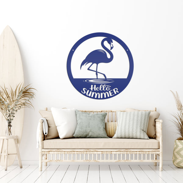 Hello Summer Flamingo Metal Art - Cute Outdoor Front Porch Decor - Tropical Beach House Sign - Charming Door Hanger - Whimsical Wall Hanging