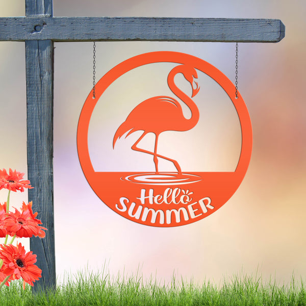Hello Summer Flamingo Metal Art - Cute Outdoor Front Porch Decor - Tropical Beach House Sign - Charming Door Hanger - Whimsical Wall Hanging