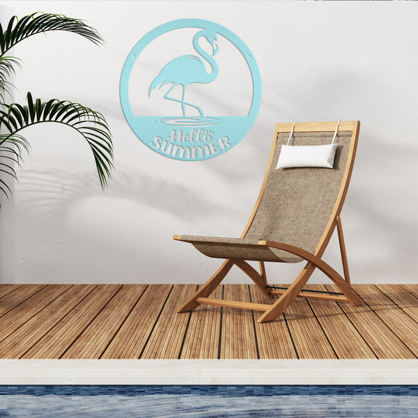 Hello Summer Flamingo Metal Art - Cute Outdoor Front Porch Decor - Tropical Beach House Sign - Charming Door Hanger - Whimsical Wall Hanging