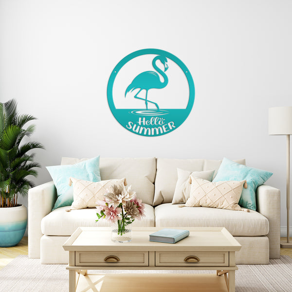 Hello Summer Flamingo Metal Art - Cute Outdoor Front Porch Decor - Tropical Beach House Sign - Charming Door Hanger - Whimsical Wall Hanging