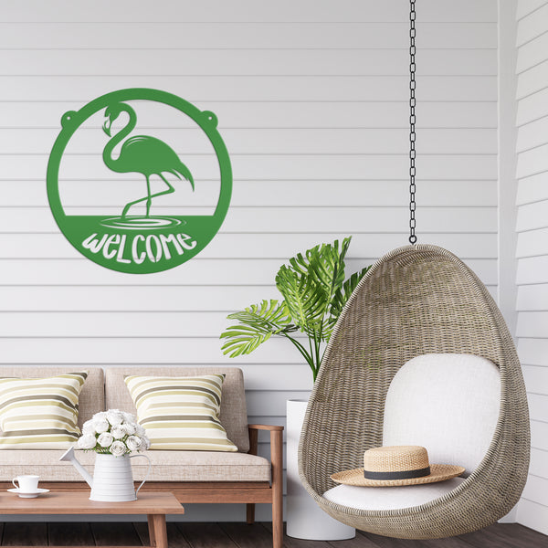 Tropical Flamingo Metal Welcome Sign - Fun Entryway Wall Hanging - Whimsical Beach Decor - Pink Flamingos Door Hanger - Housewarming Gift