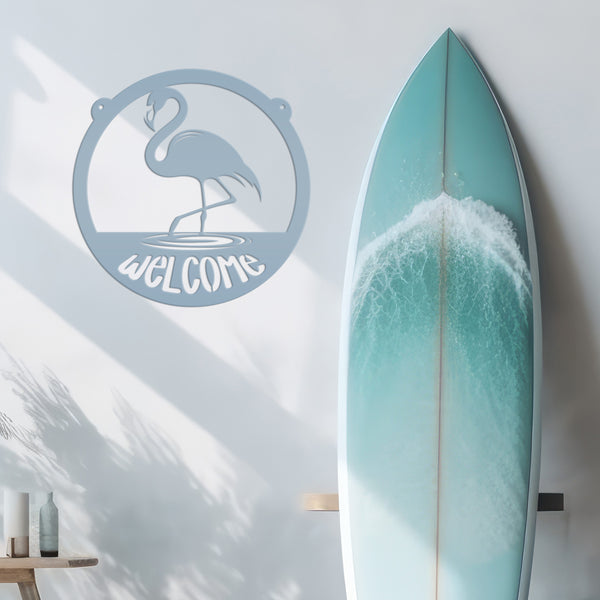 Tropical Flamingo Metal Welcome Sign - Fun Entryway Wall Hanging - Whimsical Beach Decor - Pink Flamingos Door Hanger - Housewarming Gift