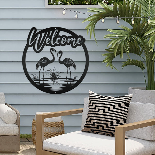 Fun Flamingo Welcome Sign – Stylish Metal Wall Art - Flamingos Front Porch Decor - Tropical Beach House Door Hanger - Cute Housewarming Gift