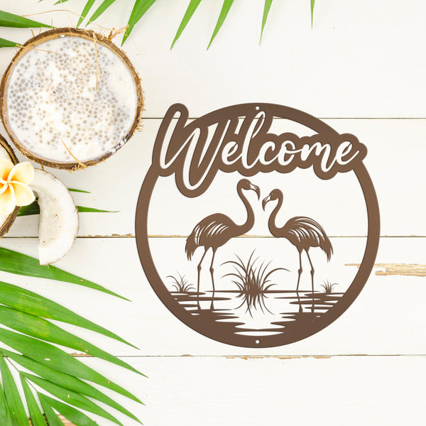 Fun Flamingo Welcome Sign – Stylish Metal Wall Art - Flamingos Front Porch Decor - Tropical Beach House Door Hanger - Cute Housewarming Gift