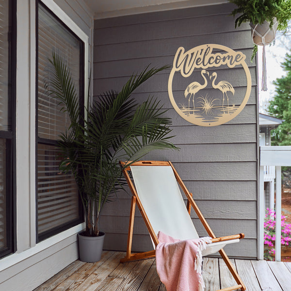 Fun Flamingo Welcome Sign – Stylish Metal Wall Art - Flamingos Front Porch Decor - Tropical Beach House Door Hanger - Cute Housewarming Gift