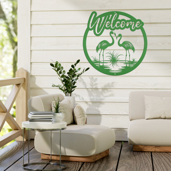 Fun Flamingo Welcome Sign – Stylish Metal Wall Art - Flamingos Front Porch Decor - Tropical Beach House Door Hanger - Cute Housewarming Gift