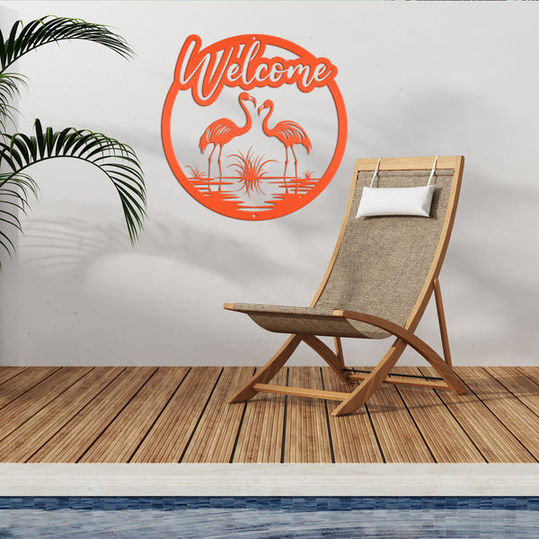 Fun Flamingo Welcome Sign – Stylish Metal Wall Art - Flamingos Front Porch Decor - Tropical Beach House Door Hanger - Cute Housewarming Gift