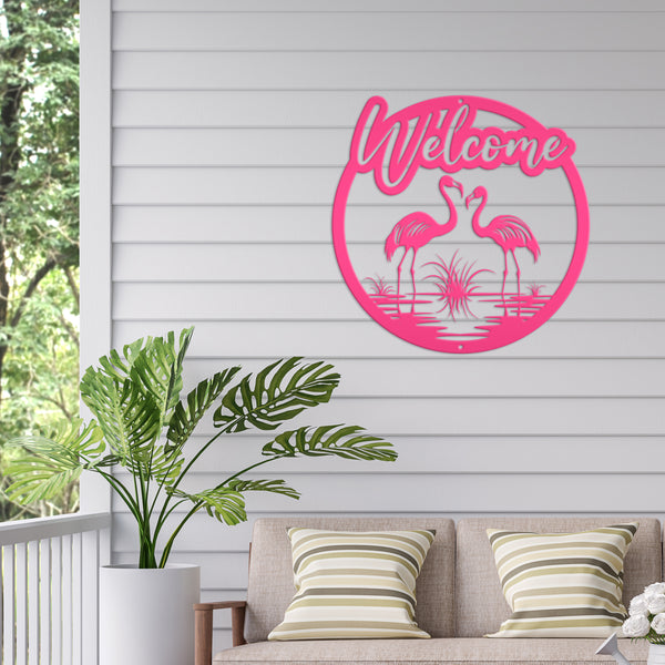 Fun Flamingo Welcome Sign – Stylish Metal Wall Art - Flamingos Front Porch Decor - Tropical Beach House Door Hanger - Cute Housewarming Gift