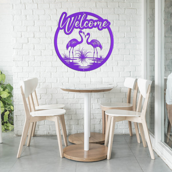 Fun Flamingo Welcome Sign – Stylish Metal Wall Art - Flamingos Front Porch Decor - Tropical Beach House Door Hanger - Cute Housewarming Gift