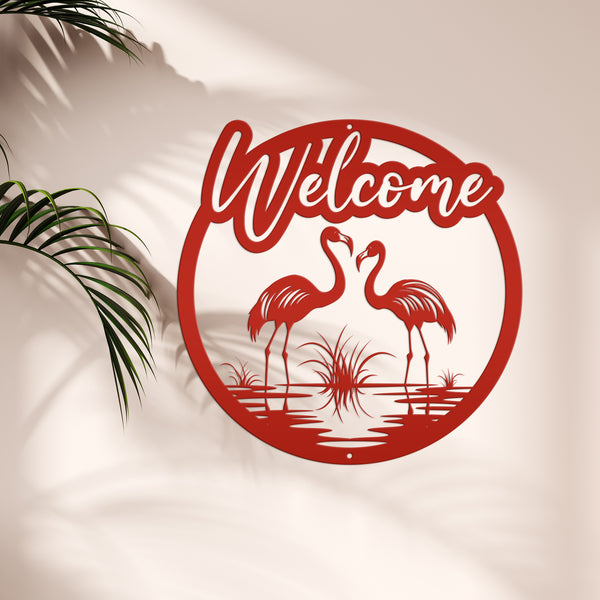 Fun Flamingo Welcome Sign – Stylish Metal Wall Art - Flamingos Front Porch Decor - Tropical Beach House Door Hanger - Cute Housewarming Gift