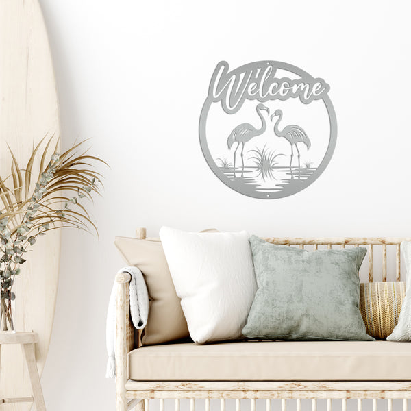 Fun Flamingo Welcome Sign – Stylish Metal Wall Art - Flamingos Front Porch Decor - Tropical Beach House Door Hanger - Cute Housewarming Gift
