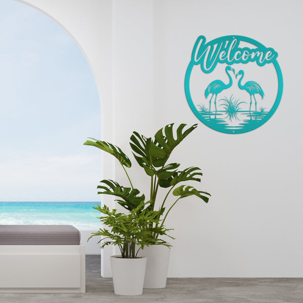 Fun Flamingo Welcome Sign – Stylish Metal Wall Art - Flamingos Front Porch Decor - Tropical Beach House Door Hanger - Cute Housewarming Gift