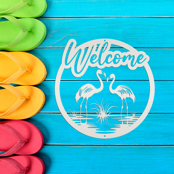 Fun Flamingo Welcome Sign – Stylish Metal Wall Art - Flamingos Front Porch Decor - Tropical Beach House Door Hanger - Cute Housewarming Gift