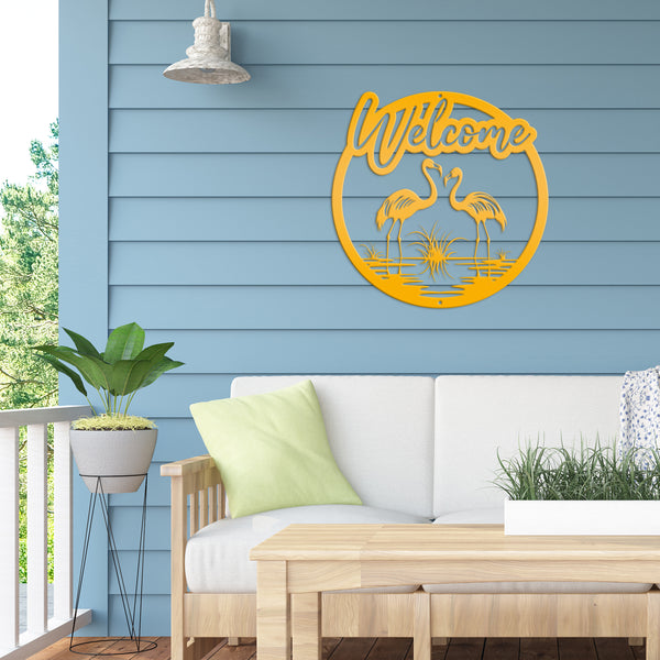 Fun Flamingo Welcome Sign – Stylish Metal Wall Art - Flamingos Front Porch Decor - Tropical Beach House Door Hanger - Cute Housewarming Gift