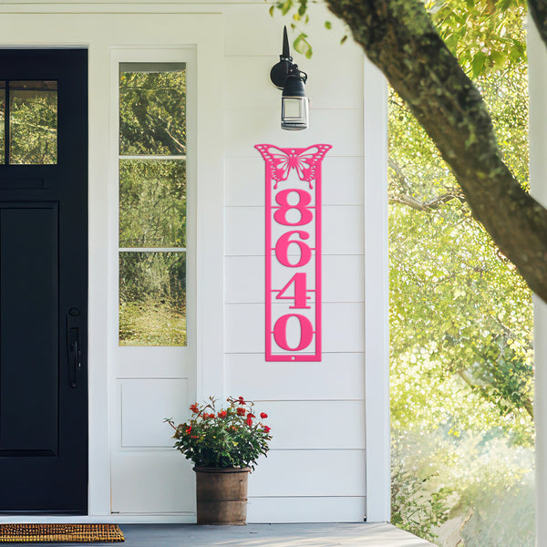 Metal Address Sign, Vertical House Numbers Plaque with Detailed Butterfly, Mailbox Post Home Marker, Business Wall Decor, Front Porch HOA