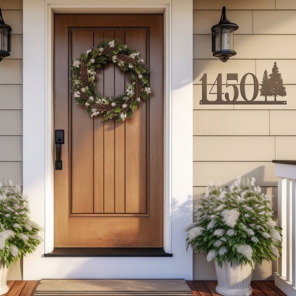 Nature-Inspired Metal Address Sign - Rustic Pine Tree Design - Unique Outdoor House Numbers - Custom Front Door Decor - Housewarming Gifts