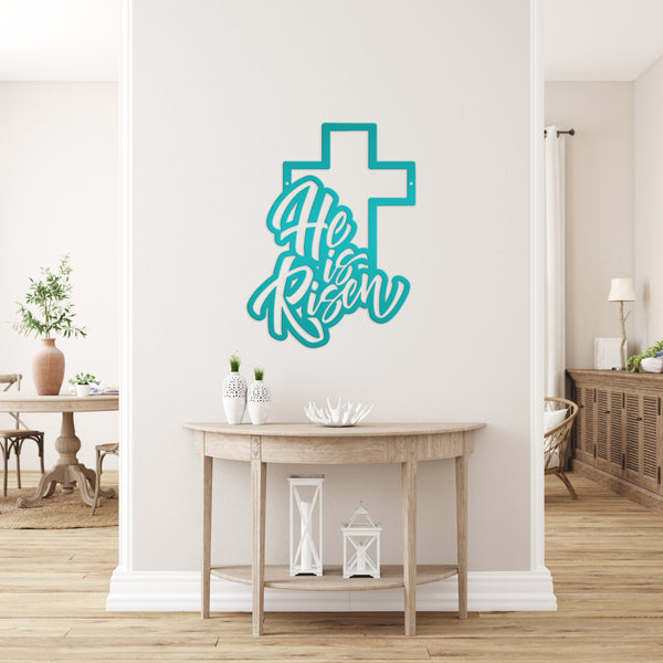 Easter Home Decor - He is Risen Cross Metal Sign - Christian Wall Art - Unique Holiday Decoration - Outdoor Spring Signs - Cute Easter Gift