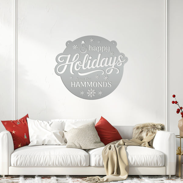 Happy Holidays Snowflake Metal Sign - Personalized Christmas Decor - Outdoor Seasonal Decorations - Custom Xmas Door Hanger - Snowman Signs