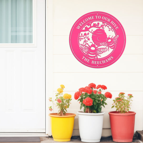Custom Bee Metal Sign - Personalized Garden Decor - Spring Style Wall Art - Outdoor Front Porch Decor - Charming Flower and Bee Gift for Her