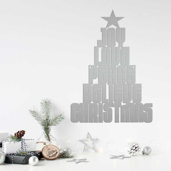 Joy Love Peace Believe Christmas Tree Metal Sign